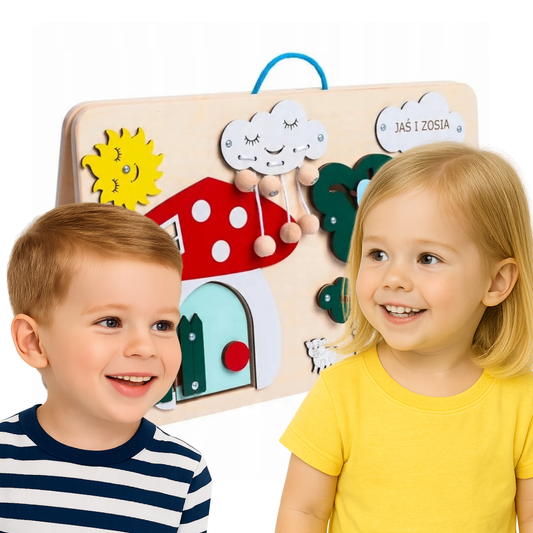 Sensoryczna Tablica Manipulacyjna dla Dzieci Personalizowana Dwustronna Beż